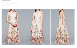 Detailed view of colorful floral embroidery on the beige organza high-waist dress