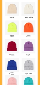 Detailed color chart showcasing multiple knit beanies in various warm autumn hues