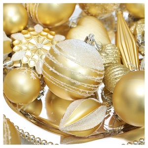 Detail showing assorted golden Christmas ornaments with glitter and matte finishes