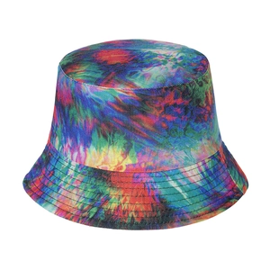 Detail of multi-color tie-dye bucket hat featuring reinforced stitching on the brim