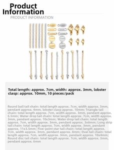 Detailed size specifications for stainless steel chain extenders with diverse pendant shapes
