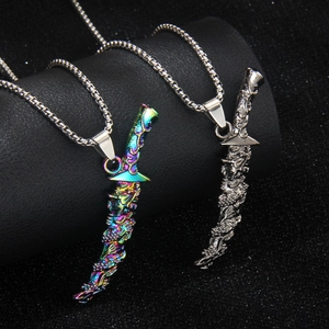 Dragon Sword Pendant Necklace Iridescent Rainbow Stainless Steel Alloy Retro Hip Hop Punk Saber Jewelry For Men