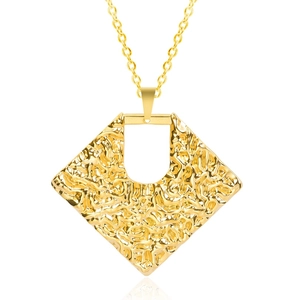 Detail showing the hammered texture on a 18k gold plated rhombus hollow necklace pendant