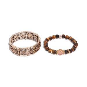 Retro tiger eye beaded bracelet set with bronze floral charm and zircon accents