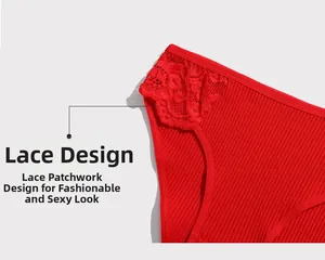 Macro detail of red cotton ribbed fabric with floral lace trim on women's low-waist panties