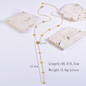 Detailed size specifications for gold clover tassel necklace with rhinestone accents