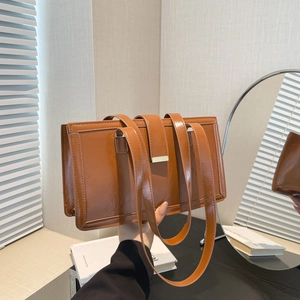 Retro large brown glossy PU leather shoulder bag for women with vintage design