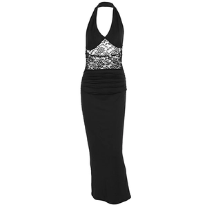 Elegant black halter maxi dress featuring lace cutout waist and flattering ruched skirt