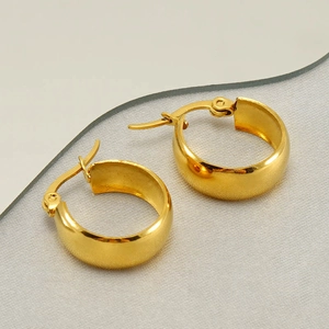 Polished 18k gold plated chunky stainless steel hoop earrings with wide curved design