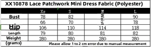 Size chart showing chest, waist and length for the lace trim backless mini dress