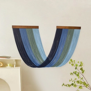 Modern gradient tassel tapestry with woven blue cotton ropes and wooden beams home decor