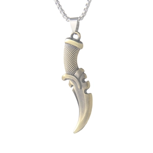 Punk style reaper scythe pendant necklace with textured handle on a silver chain