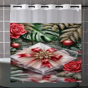 Detail view of Christmas shower curtain with red roses and pine needles in a bathroom