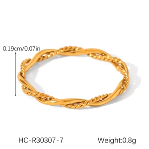 Detail view of golden twisted rope ring showing 0.19cm width and lightweight texture