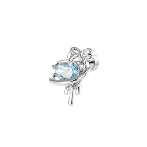 Lava heart bow stud earring with light blue zircon and silver metal finish