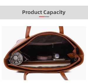 Top view of spacious brown tote bag interior with umbrella, tablet and cosmetics