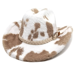 Cappello da cowboy occidentale spesso con stampa mucca, peluche e decorazione in corda