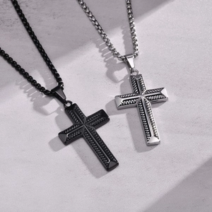 Cross Pendant Necklace Stainless Steel Rope Texture Black Polished Hip Hop Men Jewelry Accessories