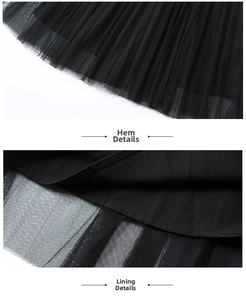 Detail shot of the pleated black mesh hem and solid fabric lining of the knitted dress