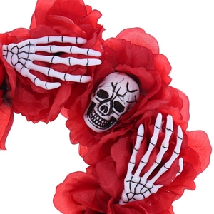 Halloween floral headband with red roses, white skull and skeletal hands for party costume