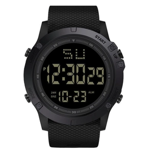 Detailed macro shot of the digital display and functional buttons of a black sports watch
