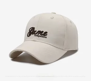 Detailed view of 3D Game Competitive embroidery on off-white cotton baseball cap
