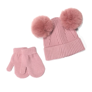 Pink knit winter set for kids featuring a cable knit beanie with double pom-poms and mittens