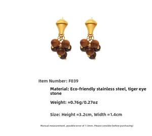 Detail view of tiger eye bead earrings with stainless steel hooks and F039 size specs