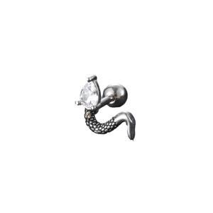 Silver stainless steel snake stud earring featuring a pear-cut zircon and scale texture