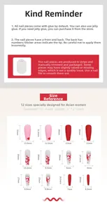 Detailed size chart for long ballet press-on nails with 12 pieces and measurement guide