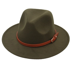 Detail of olive green felt fedora hat with brown leather belt and gold metal buckle
