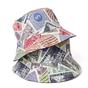 Vintage Stamp Print Reversible Bucket Hat Cotton Sun Protection Outdoor Casual Fisherman Cap For Men Women