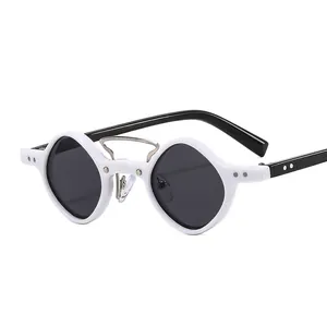 Modern asymmetric punk sunglasses with white round and geometric lens frames and black arms