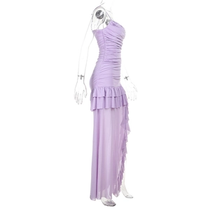 Detailed side view of purple ruffled slim fit dress with mesh hem and slit design