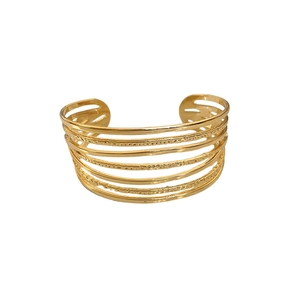 Polished gold multi-layer open cuff bracelet with textured metallic lines for women