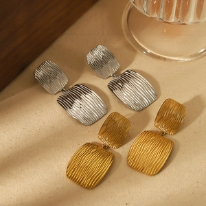 Double Rectangular Drop Earrings Stainless Steel 18K Gold Plated Water Ripple Texture Geometric Fashion Women Jewelry