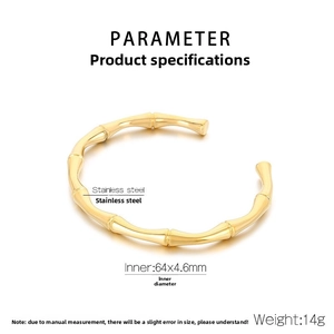 Detailed view of golden stainless steel bamboo joint bracelet with dimensions and weight