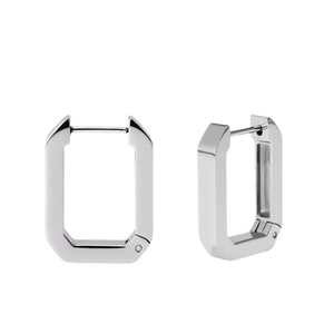 Minimalist silver geometric rectangular earrings with polished metallic finish on white background