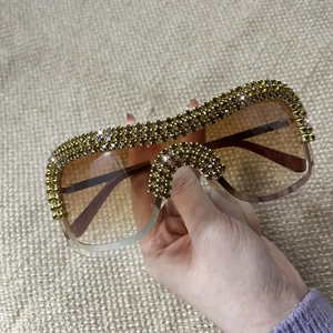 Oversized punk square sunglasses with gold rhinestones and brown gradient lenses