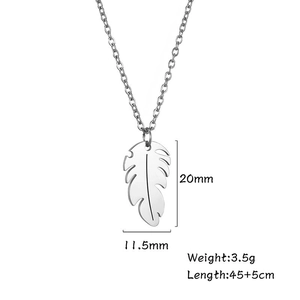 Detail view of silver leaf pendant showing 20mm x 11.5mm dimensions and 45cm chain length