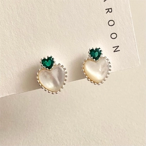 925 silver heart earrings with green zircon and pearl shell inlay for women