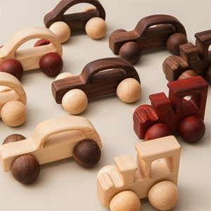 Set of 9 walnut wood toy cars and trains for toddler early educational play