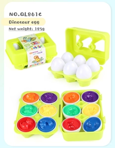 Macro view of dinosaur shape matching eggs set with green storage box for kids