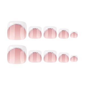 French style press-on toenails with pink base and silver glitter tips, set of 10 pieces
