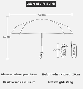 Specifications of 8-rib compact travel umbrella with 96cm diameter and 20cm folded size