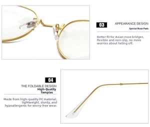 Detailed macro view of soft silicone nose pads and durable metal core temples on gold frames