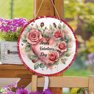Plaque de Bienvenue en Bois Saint-Valentin Motif Rose Cœur Rond Rustique Décoration Murale de Porte Suspendue Ornement Maison