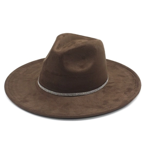 Close-up of dark brown suede fedora featuring a wide brim and elegant rhinestone trim