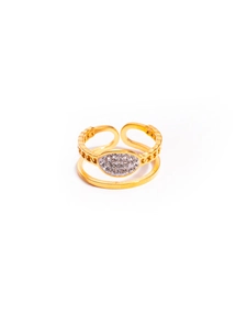 Detail of gold double-layer open ring featuring a hollow star and sparkling diamonds
