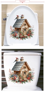 Detailed Christmas stickers featuring snowy cabin and birds on toilet lid and tank surfaces